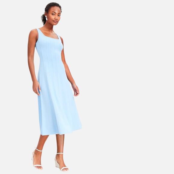 Ann Taylor LOFT Ponte Knit Seamed Flare Sleeveless Midi Dress Blue Size 12 Flowy - Picture 1 of 13